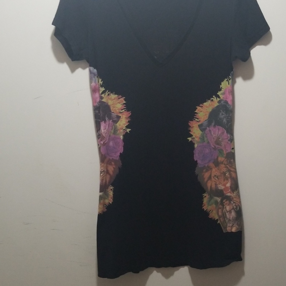 Christian Audigier Black Mini Dress with Floral & Lion Print